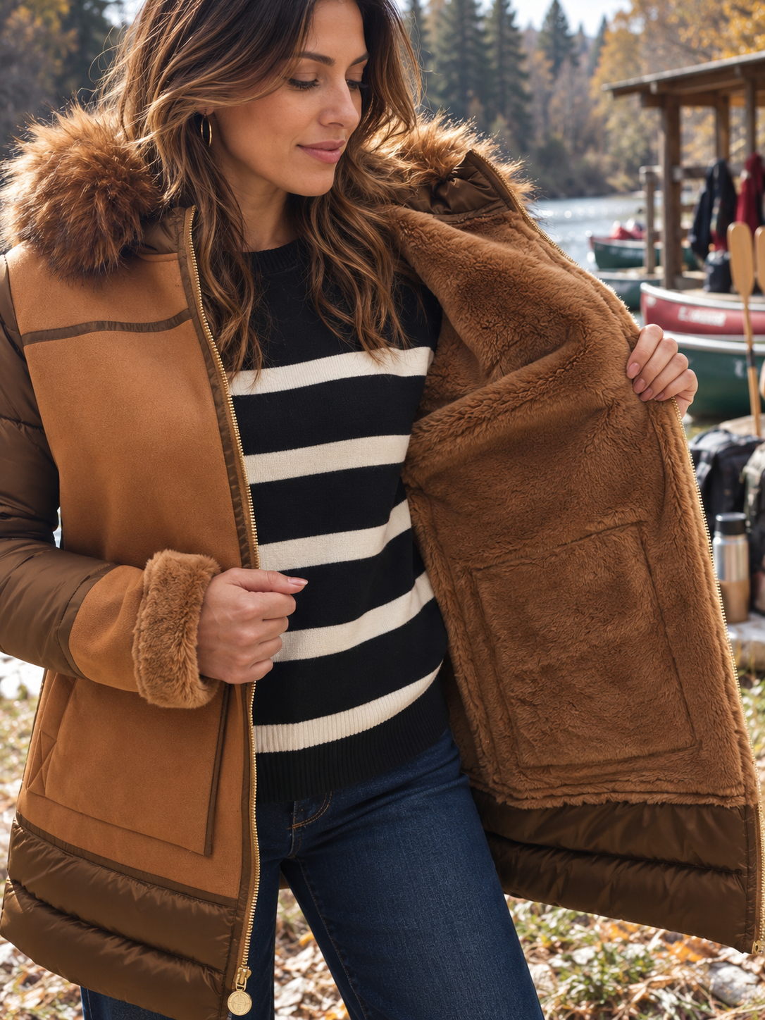 Abrigo Mali camel con capucha de pelo y forro borreguito