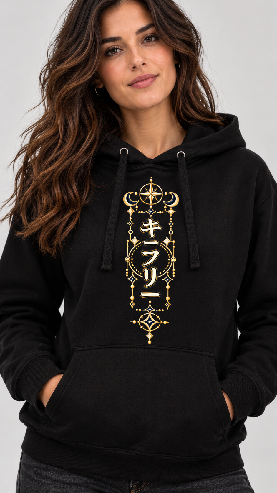 Sudadera negra Qifrey unisex con diseño anime frontal