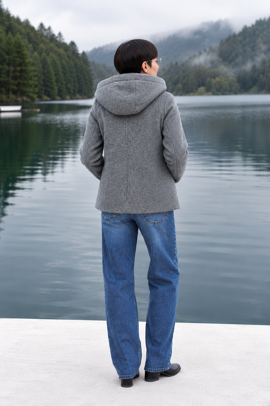 Abrigo corto Le Option Nord gris para mujer vista trasera junto a un lago