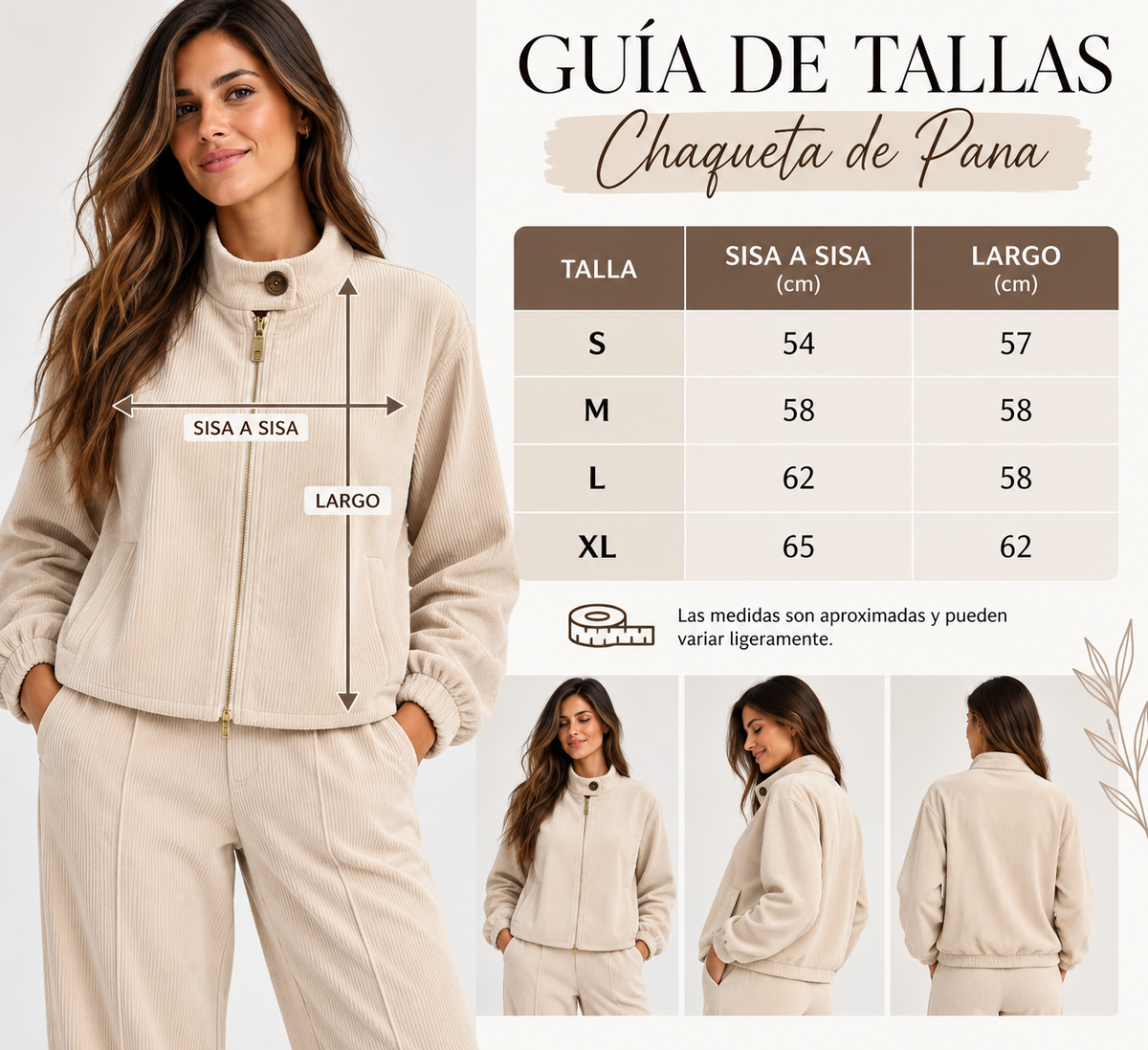 Guía de tallas chaqueta de pana beige mujer – medidas de sisa a sisa y largo