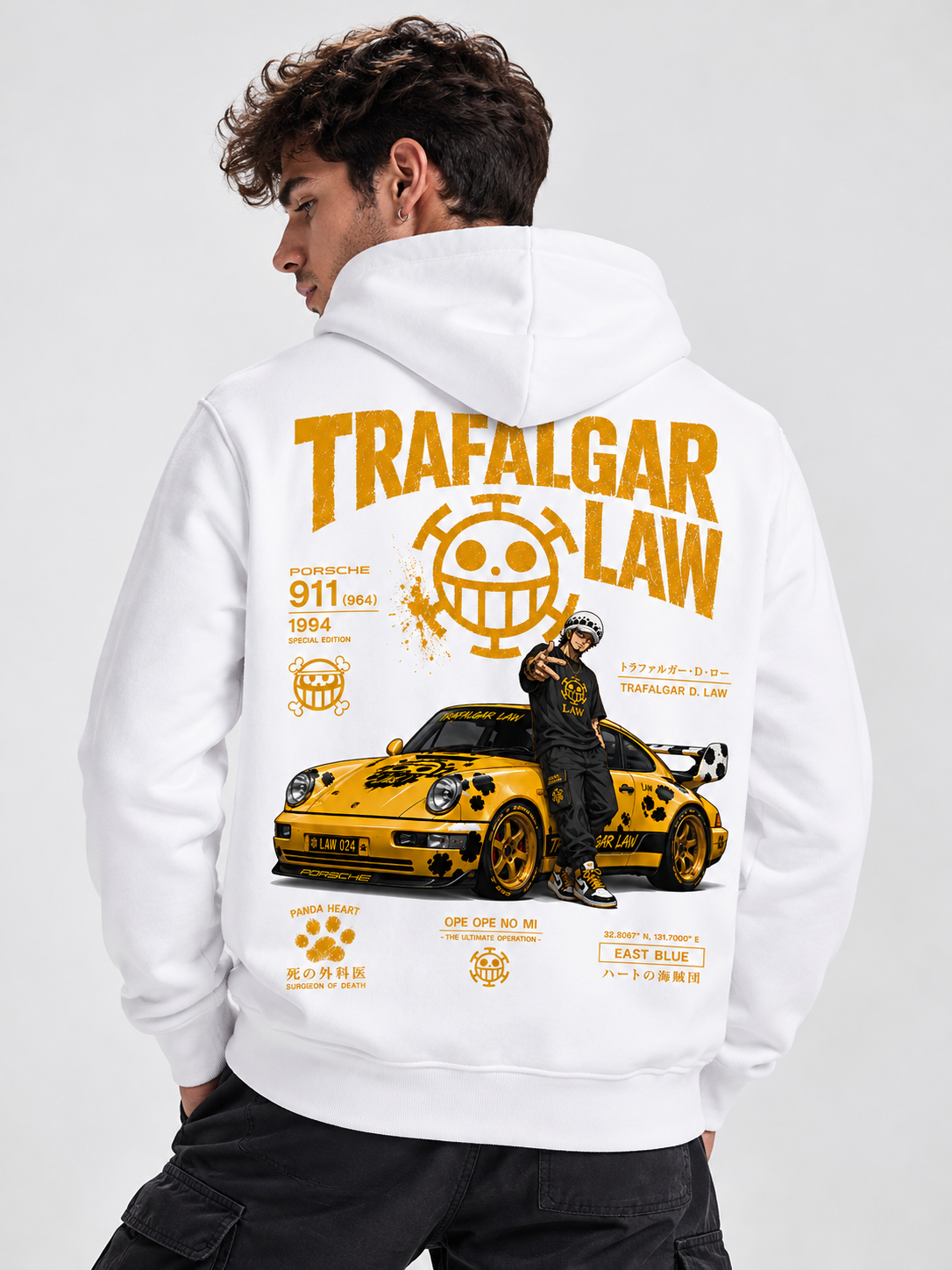 Sudadera Trafalgar Law blanca diseño trasero