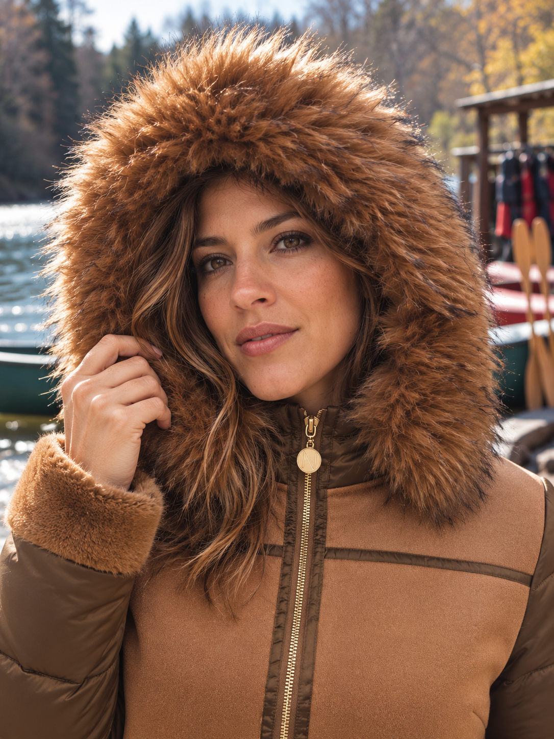 Abrigo Mali camel con capucha de pelo y forro borreguito