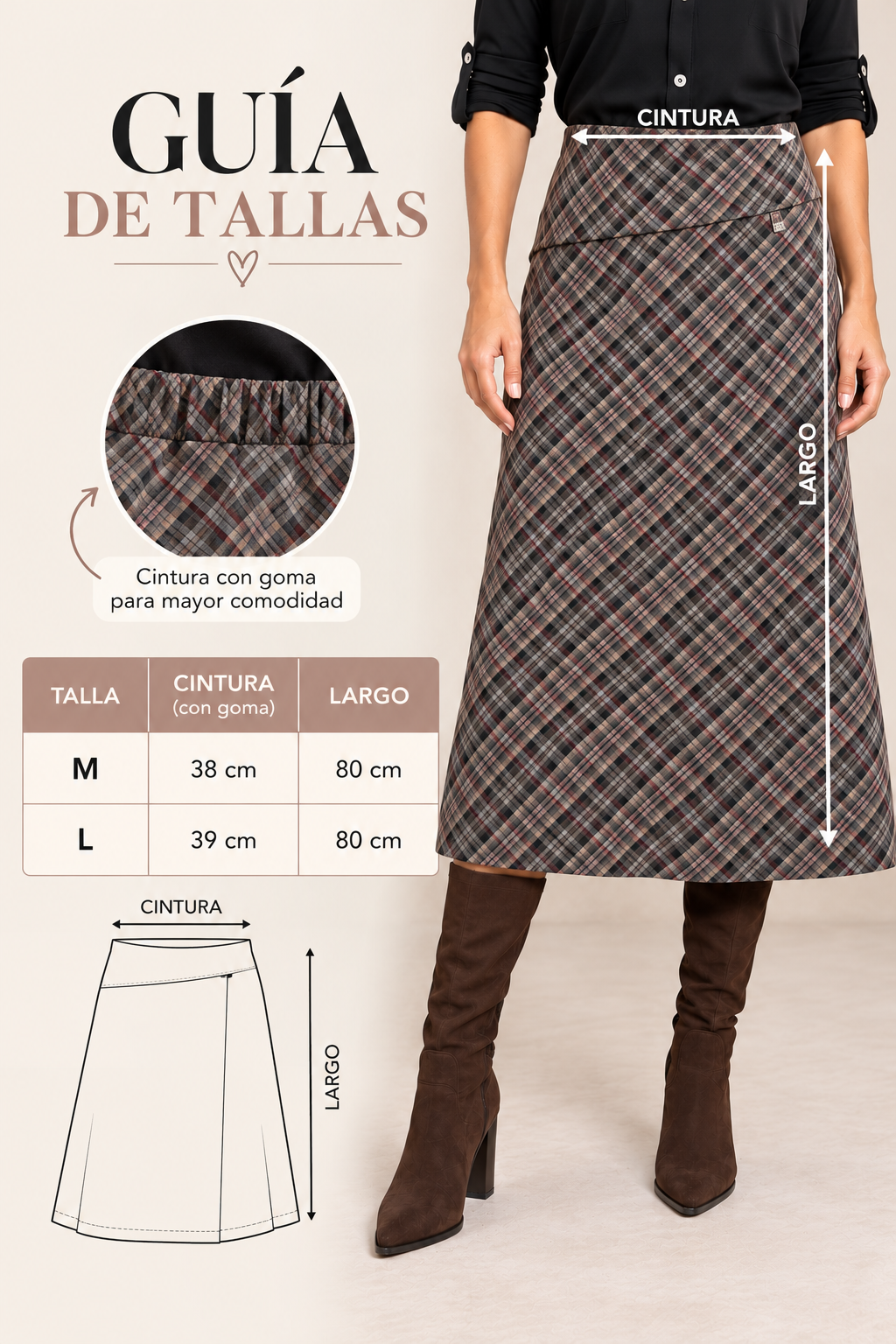Guía de tallas Falda Midi Cuadros Diagonal