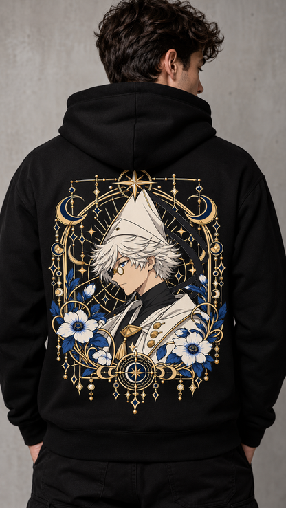 Sudadera Qifrey negra unisex con diseño de Atelier of Witch Hat en la espalda