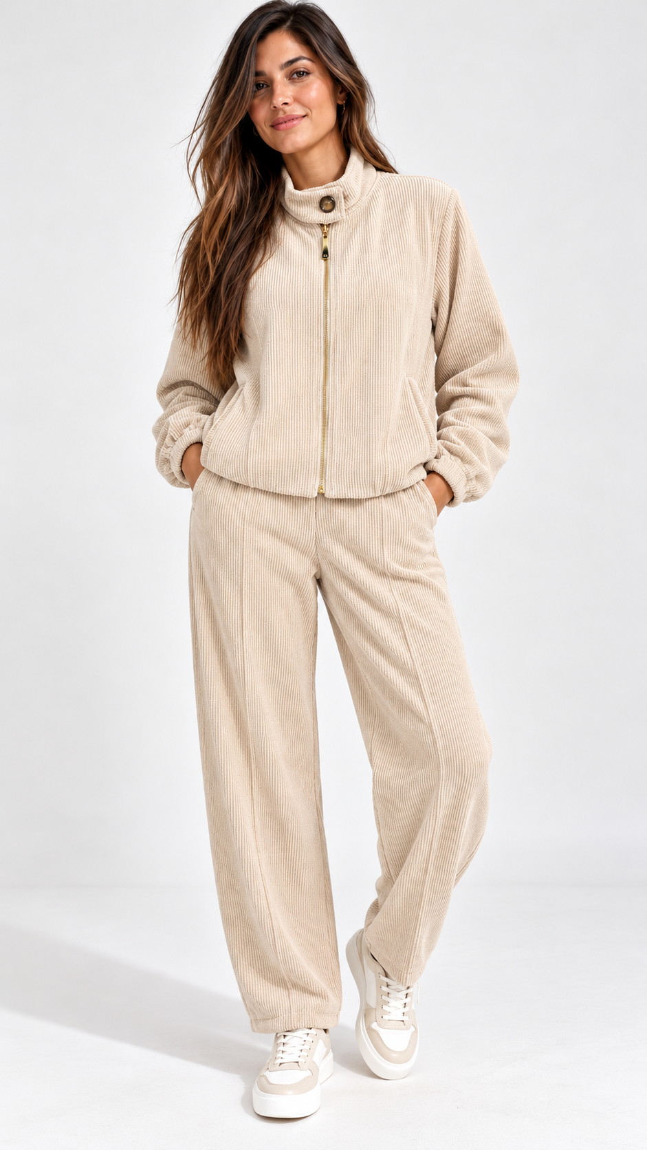 Chaqueta de pana beige con cremallera de Modas Santana
