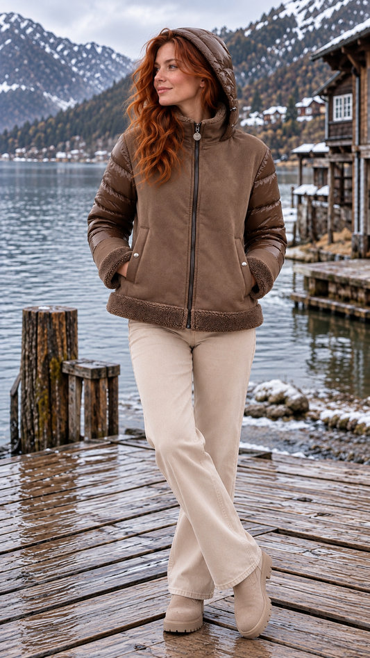 Parka Colin marrón de mujer, vista frontal con modelo