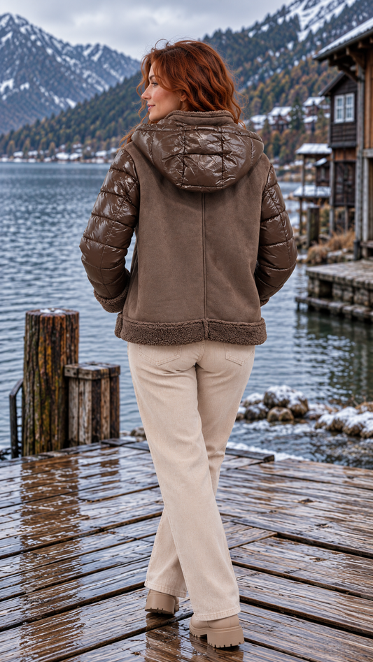 Parka Colin marrón de mujer, vista trasera con capucha